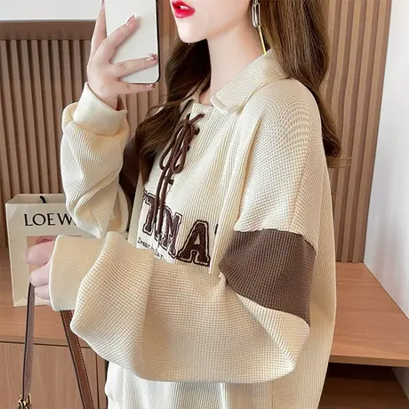 华夫格卫衣女春秋季韩版宽松设计感小众翻领polo衫薄款上衣服外套图片