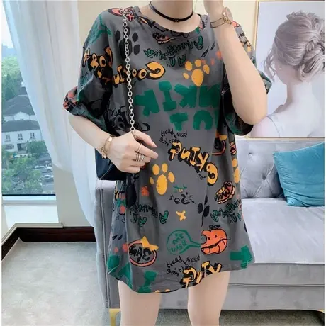 欧货2024年夏装新款大版宽松印花半短袖t恤女涂鸦满印中长款体恤商品大图