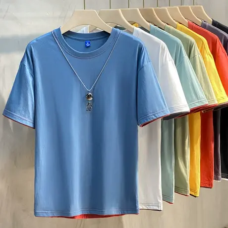 夏季多色可选2023年男士短袖T恤 韩版宽松假两件圆领T恤潮男半袖T商品大图