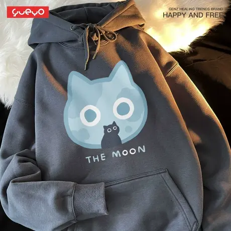 悦游 moon黑猫 秋季加绒连帽卫衣男情侣装日系潮流情侣男生外套商品大图