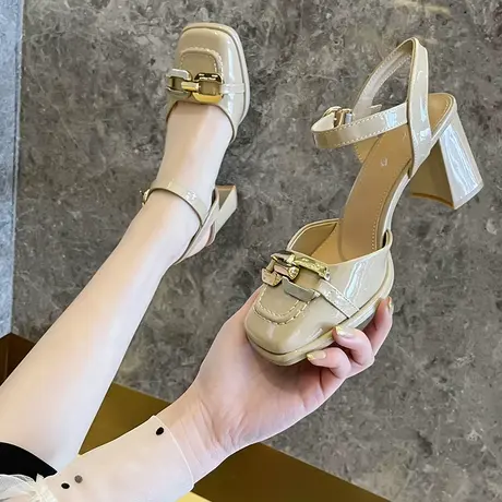 永希女鞋粗跟不累脚高跟鞋女2025年春季新款气质设计感包头凉鞋女商品大图