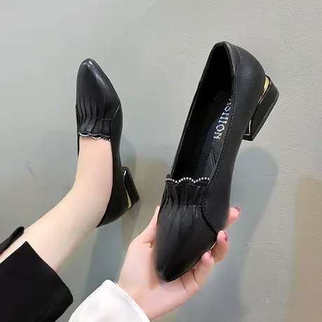 浅口单鞋女夏季2024年新款女鞋春秋款鞋子通勤粗跟皮鞋尖头妈妈鞋商品大图