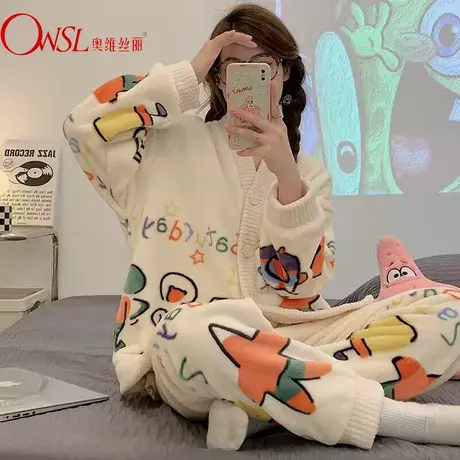 甜美可爱睡衣女秋冬珊瑚绒加绒加厚绒家居服套商品大图