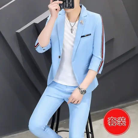 夏季韩版时尚七分袖西装礼服男士潮流薄款帅气中袖小西服三件套装商品大图