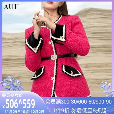 AUI红色粗花呢小香风短外套女冬2023新款名媛气质修身大衣加羽绒图片