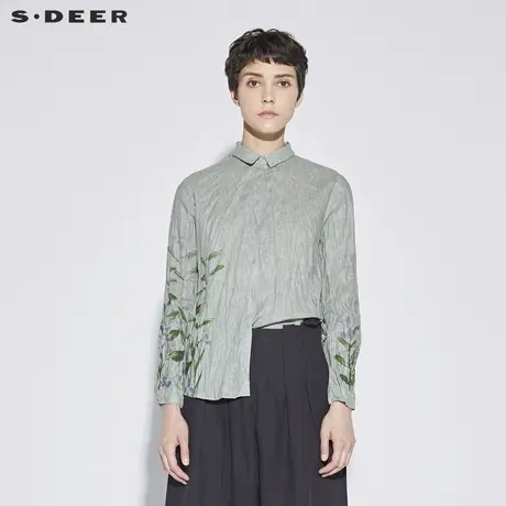 sdeer圣迪奥衬衣女2019新款自然抓皱复古感印花打底衬衫S18280436图片