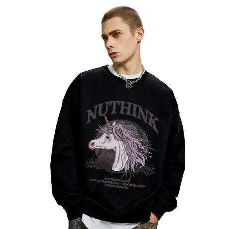 Nuthink保暖420g重磅独角兽卫衣男国潮圆领宽松加绒加厚潮牌上衣商品大图