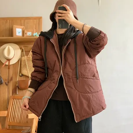 dza 复古拼色连帽加厚棉衣外套女2023冬季新款宽松休闲棉服上衣女商品大图