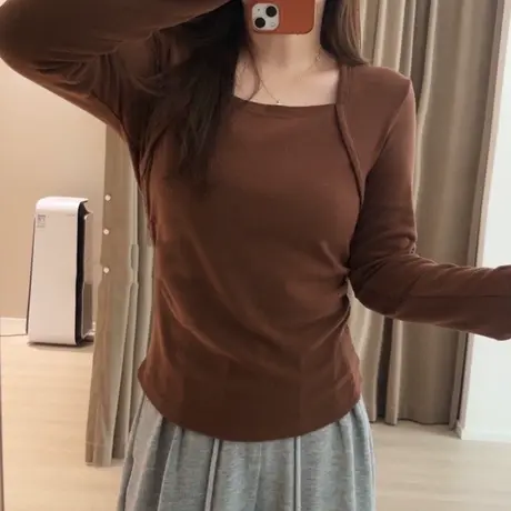 拼接设计感小众德绒长袖T恤女秋冬宽松外穿打底衫方领正肩上衣潮商品大图