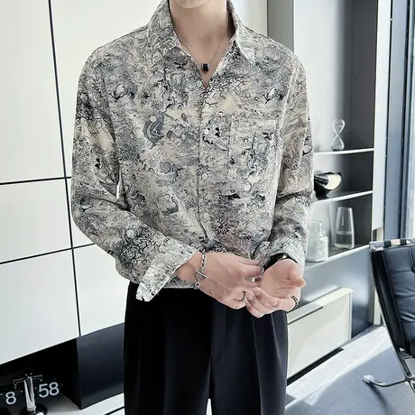 秋季潮牌复古满印长袖衬衫设计感高级休闲衬衣潮男花色发型师上衣商品大图