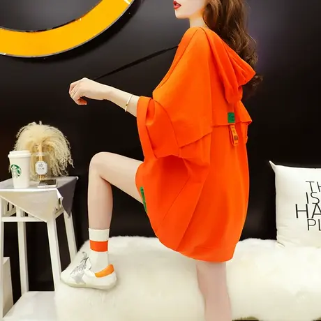 宽松慵懒风连帽短袖T恤女中长款2024年新款夏季欧货大版正肩上衣图片