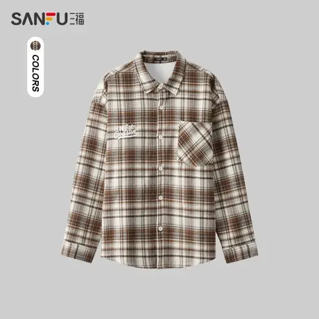 三福2024春季男士格纹绣花长衬衫 美式休闲翻领上衣男481036图片