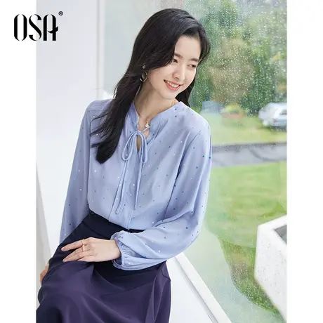OSA欧莎蓝色波点飘带衬衣雪纺衬衫春装女士2023年新款灯笼袖上衣图片