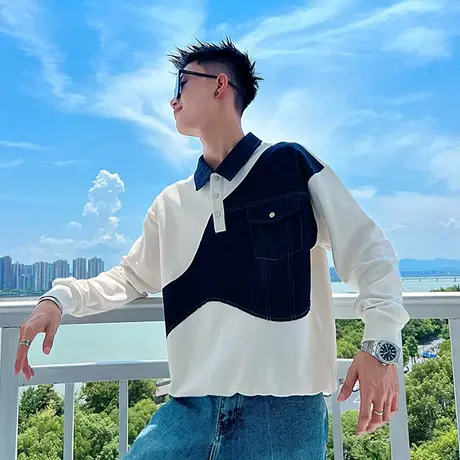 春秋季潮牌卫衣男个性牛仔拼接设计感宽松痞帅长袖POLO衫上衣外套商品大图
