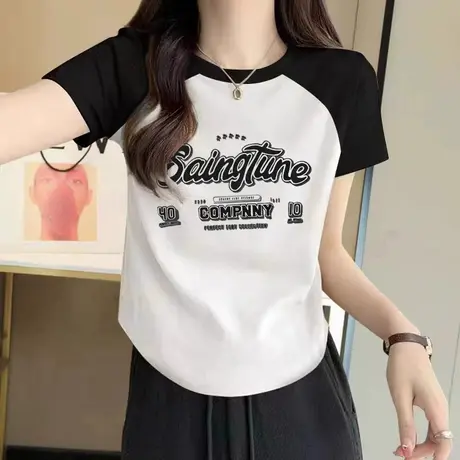 撞色插肩袖t恤女正肩短袖夏季2023新款美式复古印花内搭打底上衣商品大图