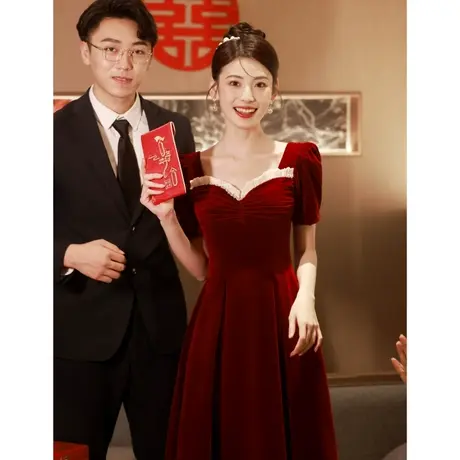 丝绒敬酒服2023新款新娘结婚当天穿便装订婚礼服女红色连衣裙法式商品大图