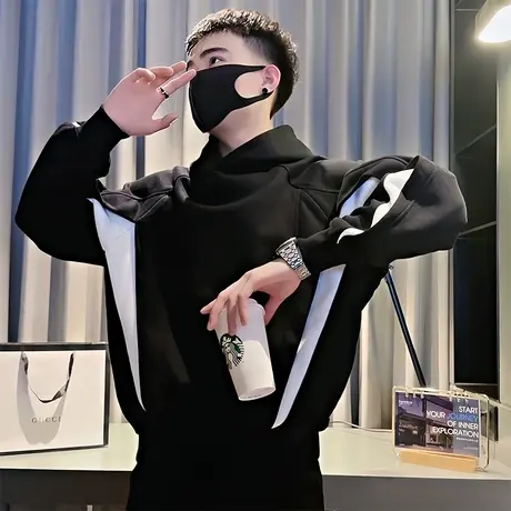 连帽卫衣男春季2024新款美式ins潮撞色拼接小众外套上衣长袖T恤衫商品大图