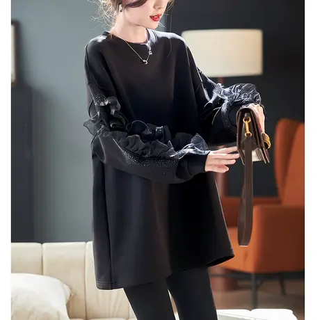 宝诗黎网纱烫钻拼接中长卫衣2024春季简约宽松新款黑色休闲上衣商品大图