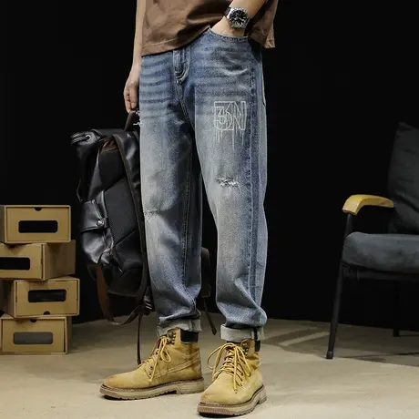 弹力破洞牛仔裤男2024新款春季锥形直筒裤子宽松大码春秋男士潮牌商品大图