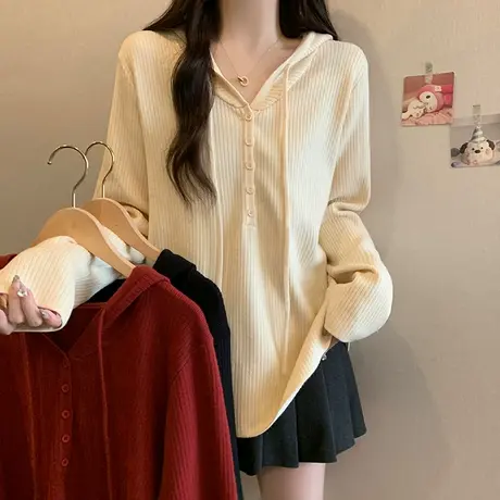 2024年春季新款女装大码胖mm百搭韩系慵懒复古红色毛衣纯色上衣女图片