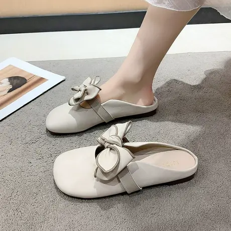 包头半拖鞋女外穿2024新款春秋季轻便蝴蝶结女鞋子百搭白色平底鞋商品大图