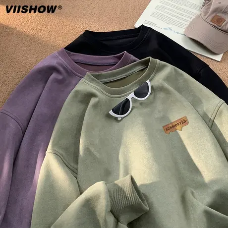 VIISHOW麂皮绒重磅卫衣男春季oversize宽松无帽外套美式圆领上衣商品大图