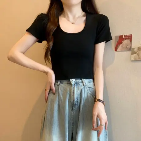 洋气时髦U领正肩半袖T恤女夏天修身内搭外穿短款打底小衫短袖上衣商品大图