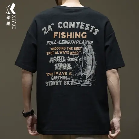 希越潮牌美式短袖T恤男2024春季新款宽松大码男士印花打底衫上衣商品大图