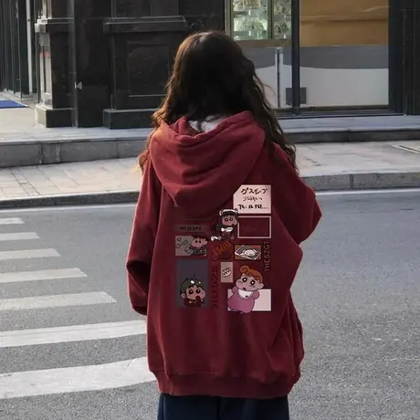 日系卡通印花连帽卫衣女秋冬加绒加厚美式复古宽松慵懒风上衣外套图片