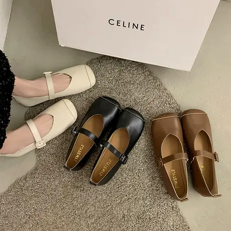 玛丽珍鞋女2024年早春新款复古方头平底浅口配裙子软底一字扣单鞋图片