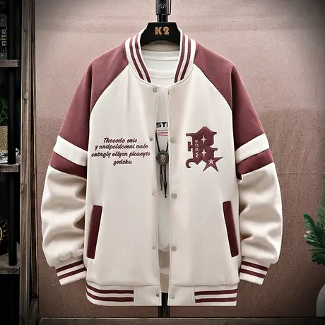 美式棒球服男款春秋季灯芯绒拼接夹克男潮青少年字母刺绣运动外套图片