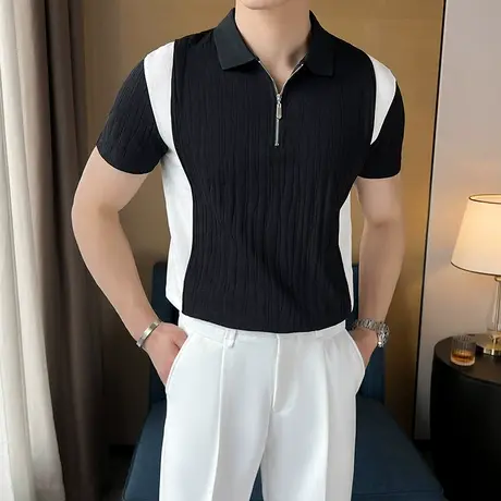 高级感撞色短袖POLO衫男夏季潮牌轻熟简约翻领半拉链休闲半袖t恤商品大图