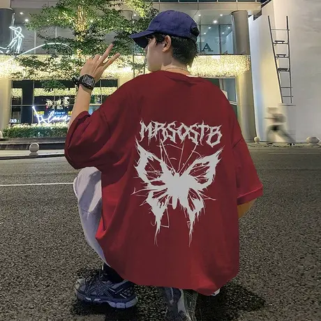 短袖t恤男夏季潮牌宽松重磅纯棉圆领打底2024新款蝴蝶印花体恤衫商品大图