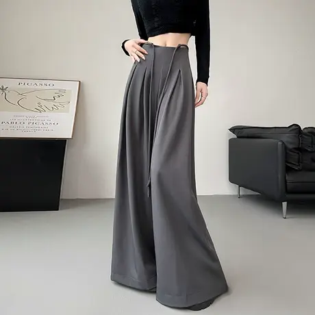 灰色高级感西装阔腿裤女2024新款设计感绑带高腰垂感宽松拖地裤子商品大图