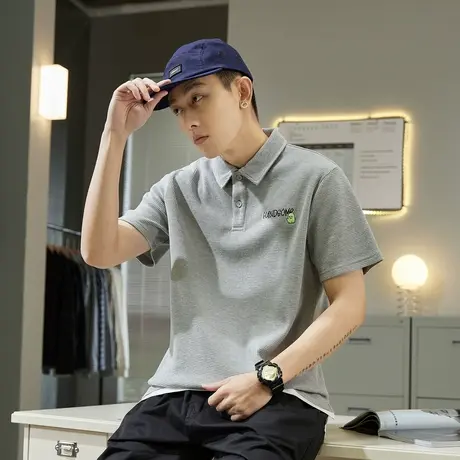 唐狮2022夏季短袖Polo衫男翻领保罗衫潮流华夫格锈花宽松港风男装商品大图