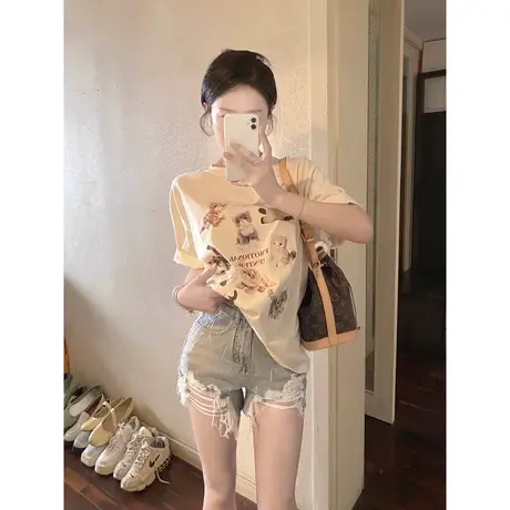 韩版小众设计短袖气质t恤2024年新款设计款动物印花上衣宽松大版图片