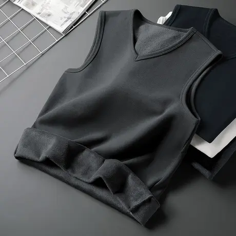 灰色背心男秋冬季内穿保暖加绒加厚运动坎肩V领无袖t恤打底马甲男商品大图