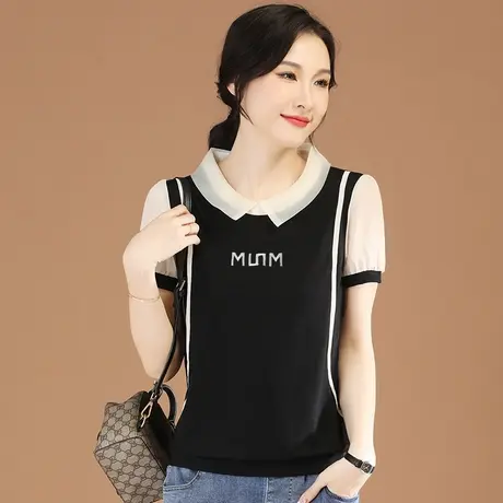 韩潮袭人撞色拼接娃娃领刺绣短袖t恤女2023夏新款正肩百搭体恤衫商品大图