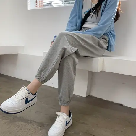 灰色运动裤女宽松束脚春秋薄款休闲裤小个子ins潮秋冬加绒卫裤子图片