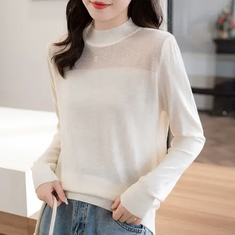 秋季上衣女新款2023年圆领针织套头蕾丝薄款弹力打底衫女初秋内搭商品大图