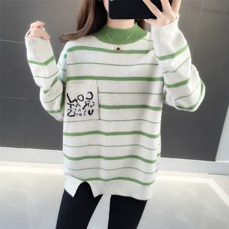 半高领短款条纹针织衫上衣秋冬季女装新款女毛衣打底衫套头外穿商品大图