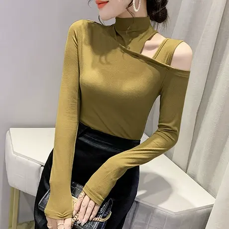 性感镂空露肩长袖T恤女春秋2023新款半高领小衫设计感小众上衣潮商品大图