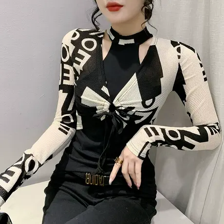 假两件拼接上衣女秋冬2023新款性感心机镂空T恤绑带修身网纱小衫商品大图