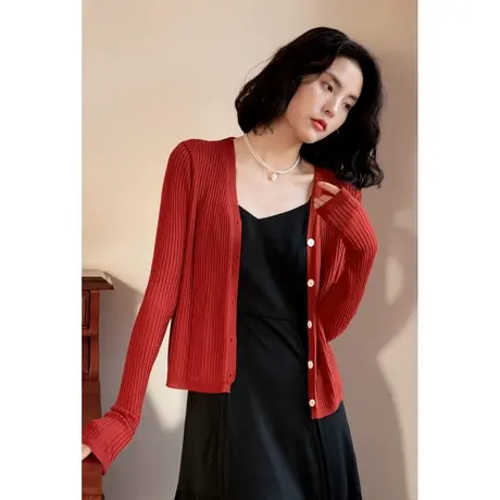 弥古红色v领冰丝针织衫防晒开衫女夏季薄款吊带裙披肩外搭小坎肩商品大图