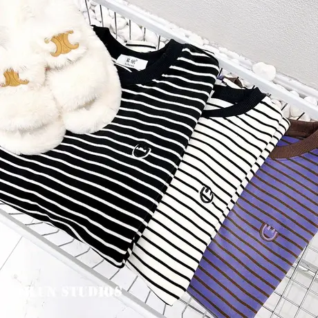 ins条纹笑脸上衣韩国东大门秋冬款磨毛德绒长袖T恤包臀打底衫大码商品大图