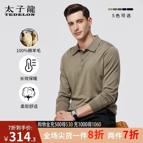 【可机洗】太子龙100%绵羊毛针织衫毛衣男士秋冬翻领纯羊毛Polo衫商品大图