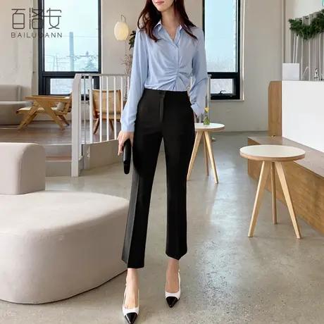 百洛安职业裤女秋季新款韩版高腰修身直筒裤通勤百搭黑色九分裤女图片