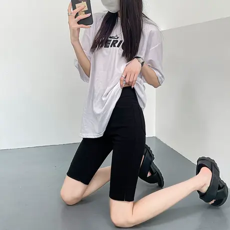 黑色骑行五分裤女外穿2023年春夏薄款高腰紧身弹力显瘦休闲中裤潮商品大图