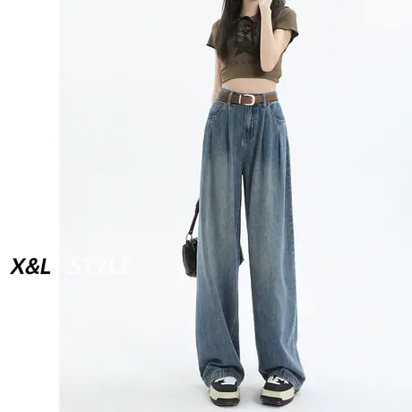 复古阔腿牛仔裤女秋2023年新款秋高腰小个子宽松垂感拖地直筒裤子商品大图