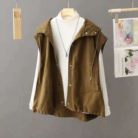 韩版复古休闲连帽马甲外套女春秋季2023新款无袖风衣宽松坎肩马夹图片